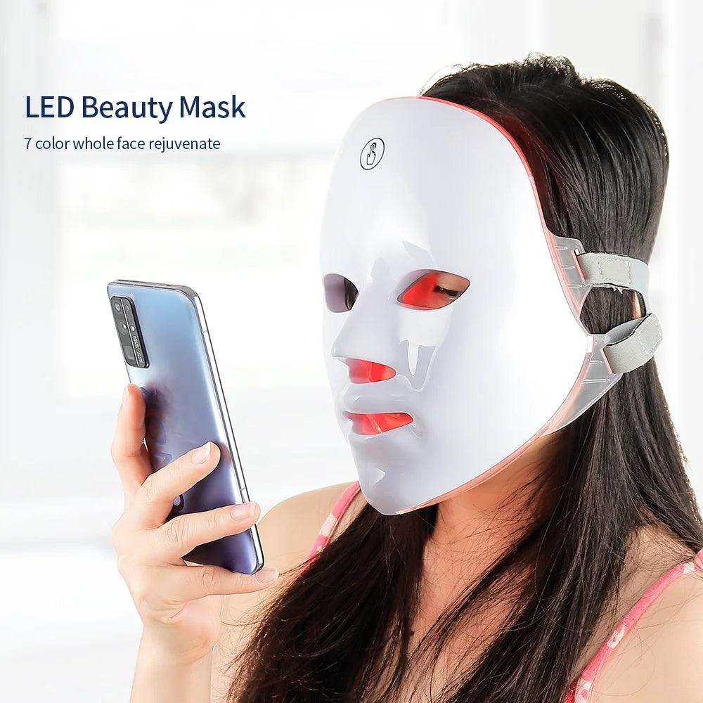 Aparelho de Fototerapia LED Facial e Pescoço – 7 Cores, Sem Fios